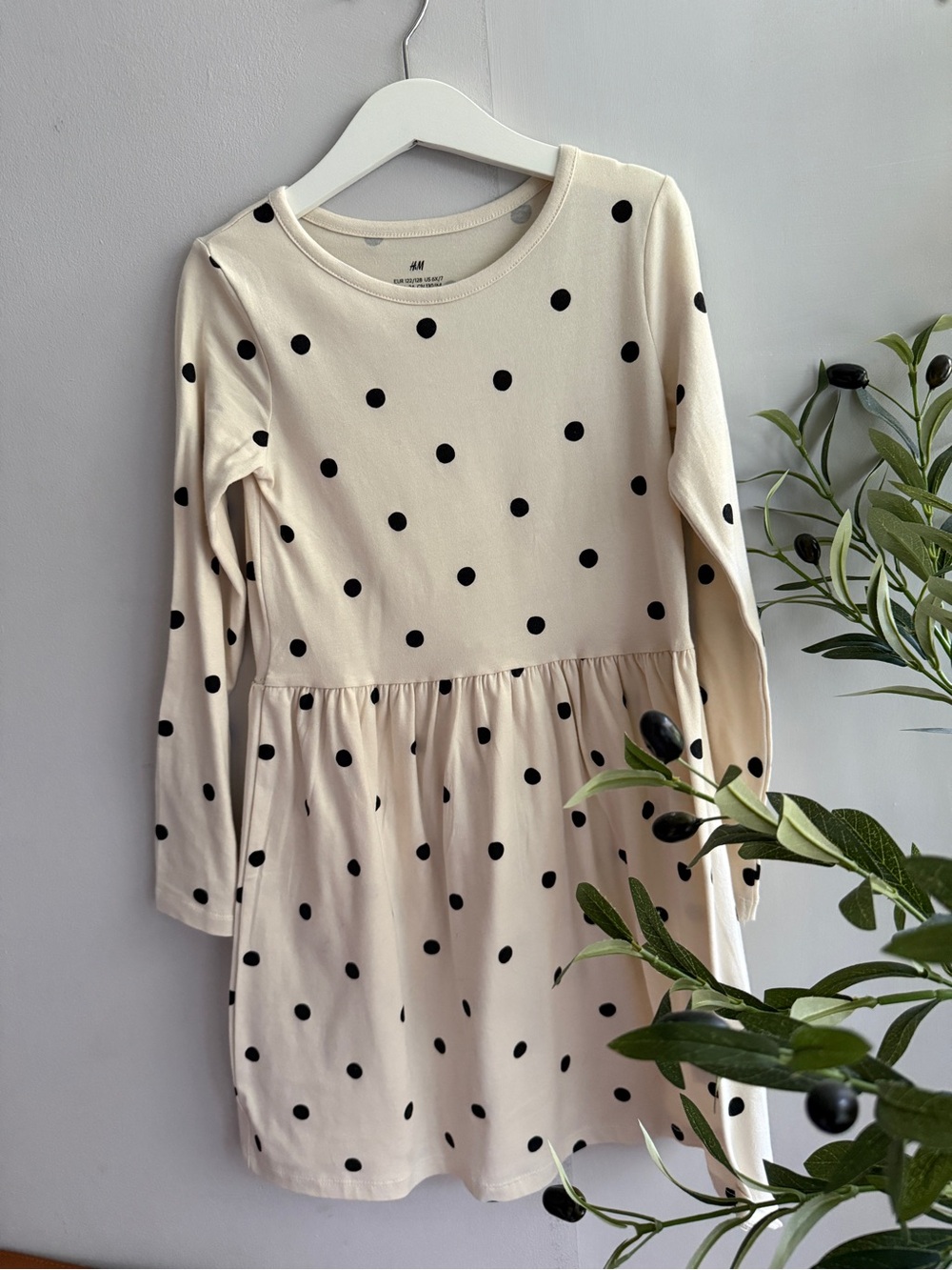 NWOT H&M Cream and Black Polka Dot Long-Sleeve Kids Dress